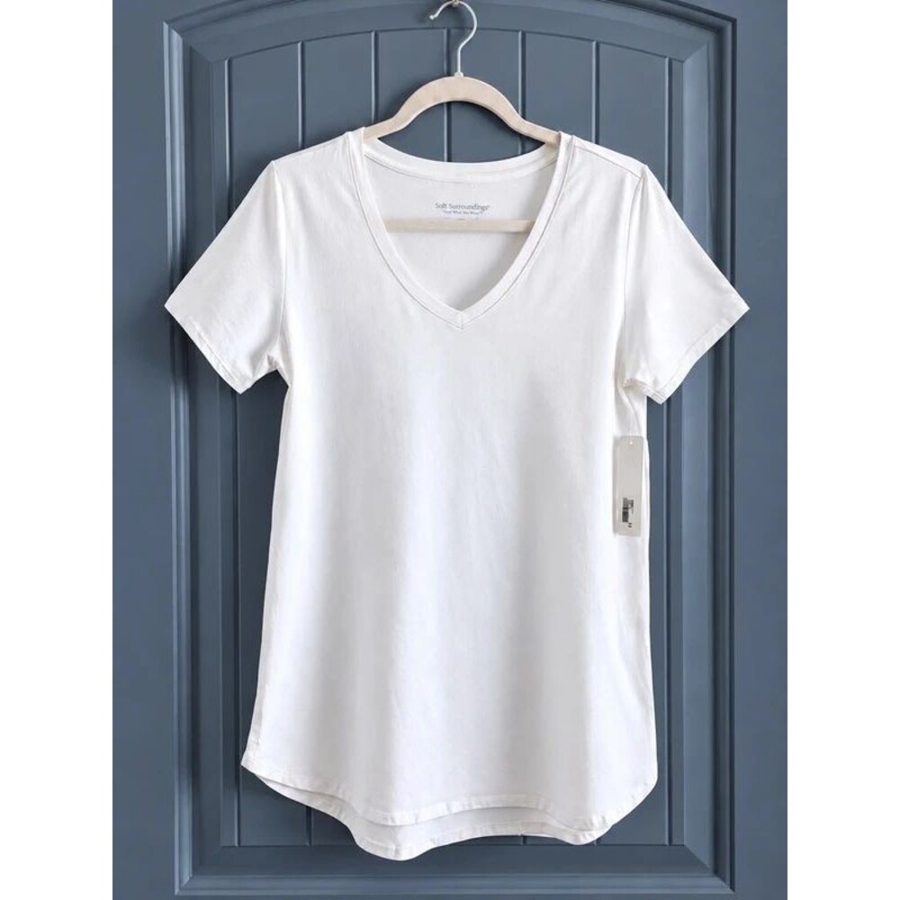 Soft Surroundings Isabel Pima Cotton Tee Small White V Neck Short Sleeve NWT